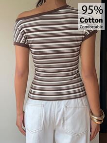 Aloruh Women's Brown Striped Asymmetrical Shoulder Short Sleeve Fitted Casual T-Shirt, Early Autumn - Brown - View 4