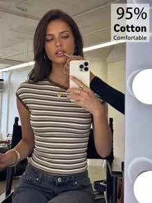 Aloruh Women's Brown Striped Asymmetrical Shoulder Short Sleeve Fitted Casual T-Shirt, Early Autumn - Brown - View 2