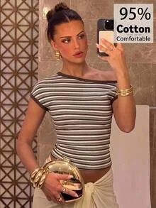 Aloruh Women's Brown Striped Asymmetrical Shoulder Short Sleeve Fitted Casual T-Shirt, Early Autumn - Brown - View 1
