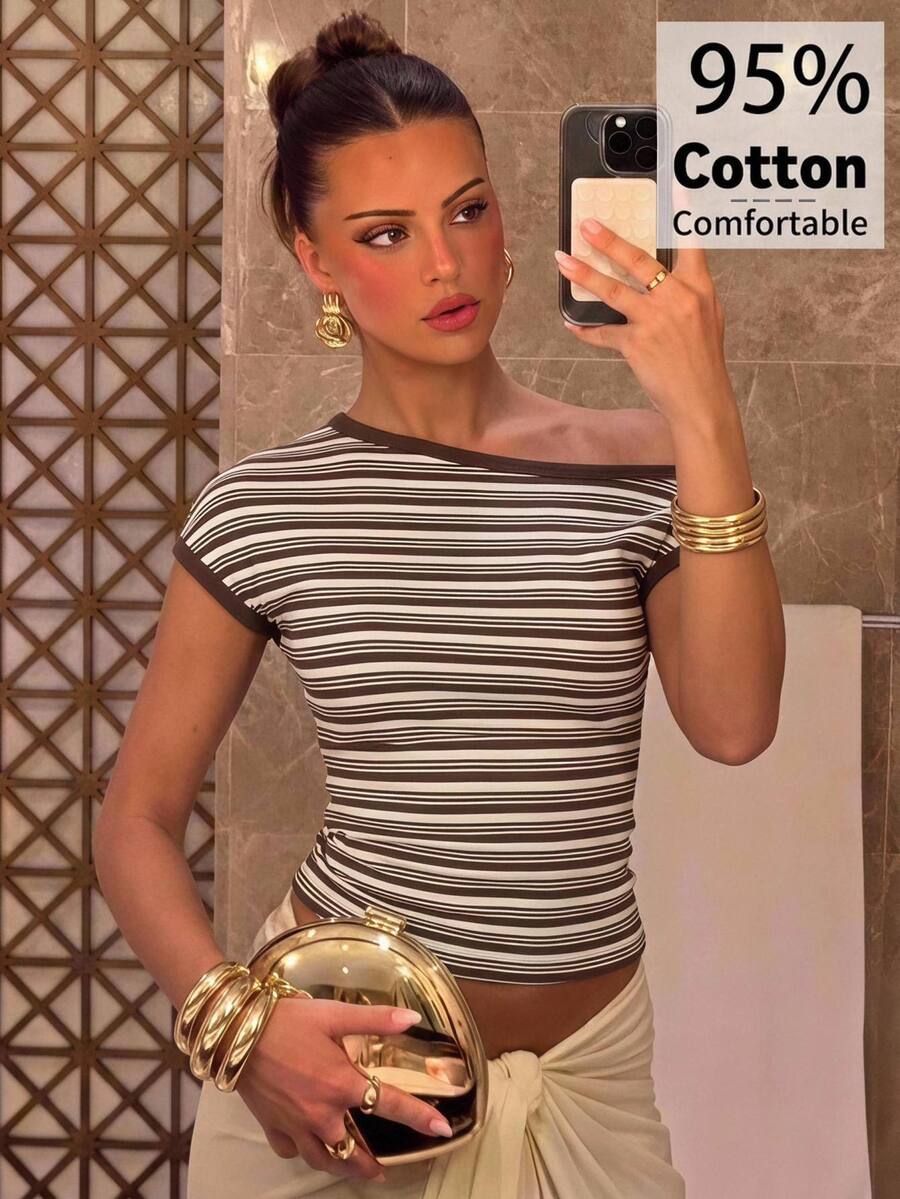 Aloruh Women's Brown Striped Asymmetrical Shoulder Short Sleeve Fitted Casual T-Shirt, Early Autumn - Brown - View 1