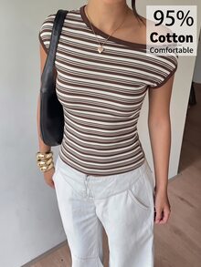 Aloruh Women's Brown Striped Asymmetrical Shoulder Short Sleeve Fitted Casual T-Shirt, Early Autumn - Brown - View 3