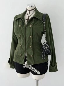 Sunspun Plus Size Autumn Long Sleeve Army Green Corduroy Vintage Slim Fit Jacket - Army Green - View 3