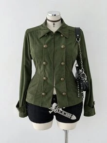 Sunspun Plus Size Autumn Long Sleeve Army Green Corduroy Vintage Slim Fit Jacket - Army Green - View 1