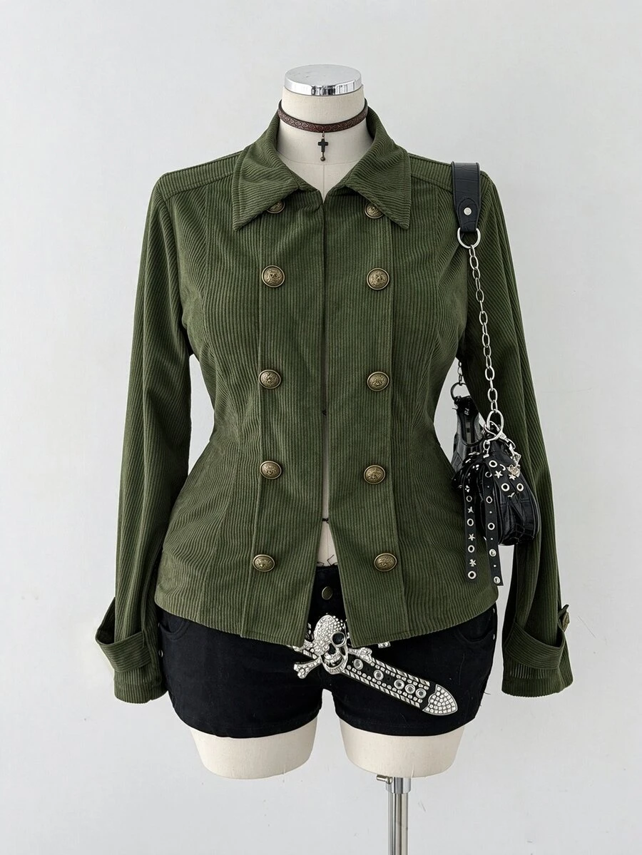 Sunspun Plus Size Autumn Long Sleeve Army Green Corduroy Vintage Slim Fit Jacket - Army Green - View 1