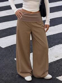 Muchica Women's New Brown Plaid Fold Waist Loose Long Pants For Going Out, Streetwear, Y2K - Brown - View 8