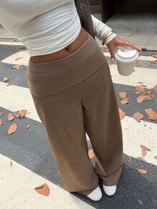 Muchica Women's New Brown Plaid Fold Waist Loose Long Pants For Going Out, Streetwear, Y2K - Brown - View 5