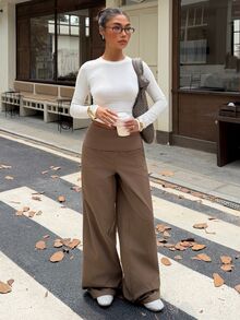 Muchica Women's New Brown Plaid Fold Waist Loose Long Pants For Going Out, Streetwear, Y2K - Brown - View 6