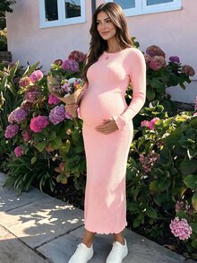 SHEIN Maternity Solid Color Versatile Ribbed Crew Neck Dress - Pink - View 1