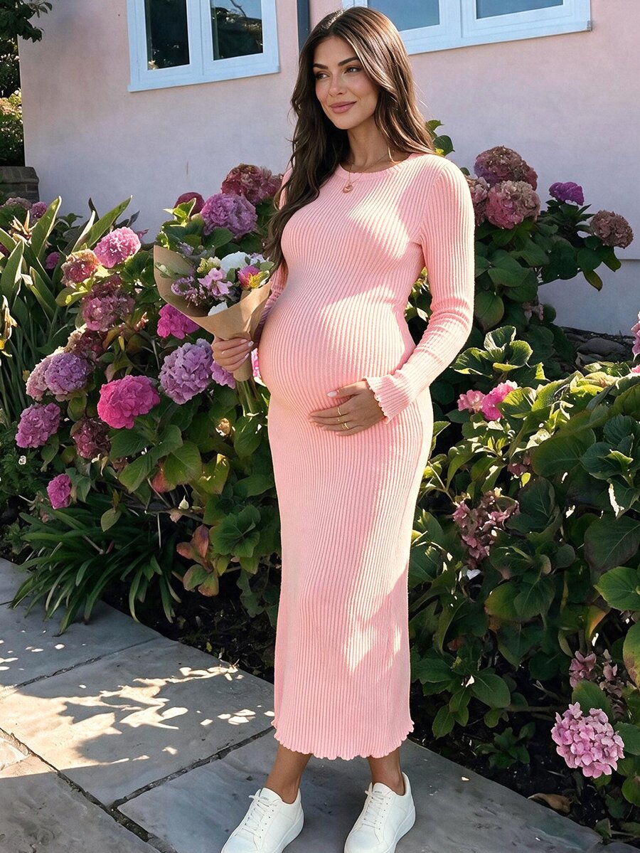 SHEIN Maternity Solid Color Versatile Ribbed Crew Neck Dress - Pink - View 1