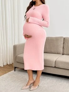 SHEIN Maternity Solid Color Versatile Ribbed Crew Neck Dress - Pink - View 8