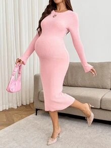 SHEIN Maternity Solid Color Versatile Ribbed Crew Neck Dress - Pink - View 5