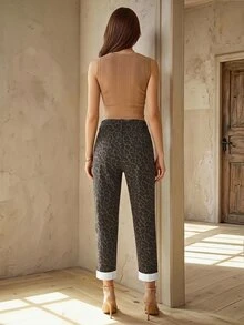 SHEIN 女款豹紋休閒日常牛仔褲，附口袋與鈕扣 - 彩色 - 查看 3