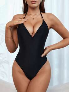 SHEIN Swim Women's Solid Color Backless Strap Hollow Out Ruched Sexy One Piece Swimsuit With Halter Neck,Summer Beach - Black - View 4