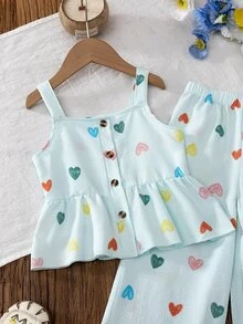 SHEIN 歐美風少女夏季愛心印花細肩帶上衣 + 寬腿長褲 2件套，紋理泡泡布料，7歲生日 - 藍色 - 查看 5