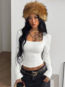 Coolane 女款秋冬基礎休閒優雅復古外出時尚夜店風花卉圖案紋理白色修身短版方領長袖針織上衣 - 白色 - 查看 5