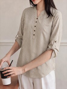 Yumoku 秋季女款上衣萬聖節女裝襯衫衫 外出辦公茶會休閒上衣 白色與棕色 - 咖啡棕 - 查看 4