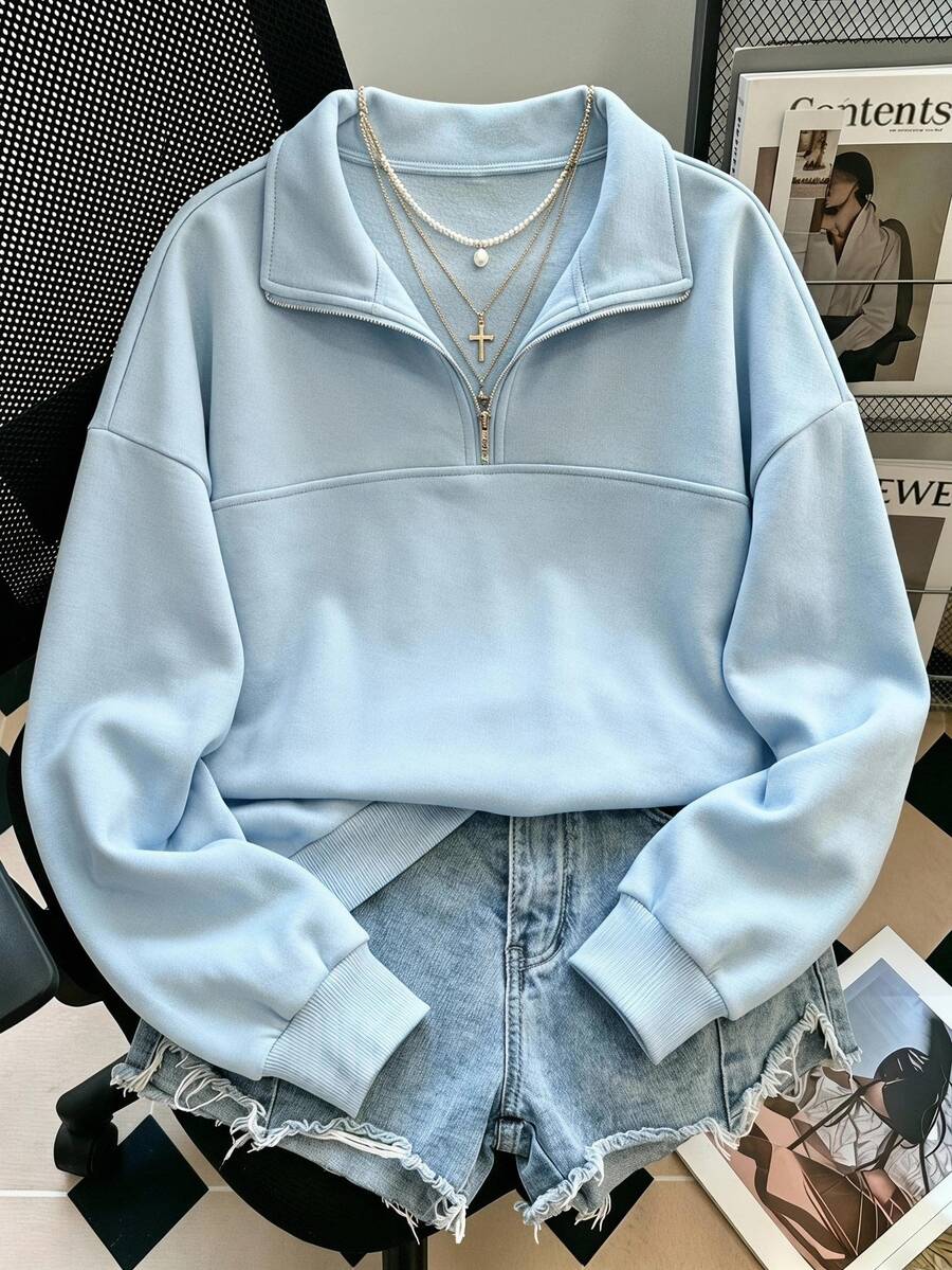 SHEIN Sweetra Young Tween Girl Long Sleeve Fleece Fall Autumn/Winter Casual Modest All-Match All-Match Versatile Solid Color Sweatshirt, Holiday, School Light Blue School - Blue - View 1