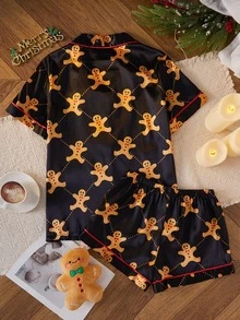CoupledUp Christmas Pattern Lapel Front Open Faux Silk Short Sleeve Shorts Pajama Set - Multicolor - View 3