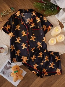 CoupledUp Christmas Pattern Lapel Front Open Faux Silk Short Sleeve Shorts Pajama Set - Multicolor - View 2