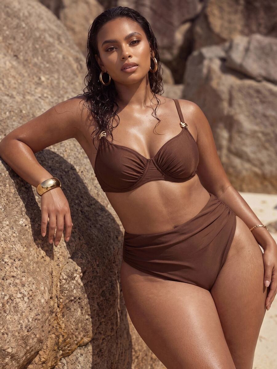 Swim Chiccia Plus Size Women Tankini Swimwear Set Beach Vacation Vacation Summer Sexy Leisure Elegant Tropical Greek Goddess Brown - Coffee Brown - View 1