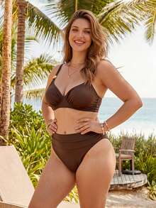 Swim Chiccia Plus Size Women Tankini Swimwear Set Beach Vacation Vacation Summer Sexy Leisure Elegant Tropical Greek Goddess Brown - Coffee Brown - View 4