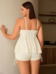 SHEIN Swim 2pcs/Set Plus Size Women Bikini Set - White Shell Pattern Crop Top Swimwear Top & Matching Shorts, Resort Vacation Swimwear For Summer - Beige - View 3