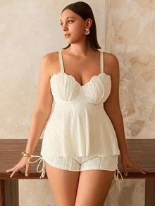 SHEIN Swim 2pcs/Set Plus Size Women Bikini Set - White Shell Pattern Crop Top Swimwear Top & Matching Shorts, Resort Vacation Swimwear For Summer - Beige - View 2