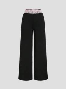 Sweetra Women's Elegant High-End Fashion Versatile Commute & Pink Lace Trim With Black Long Sleeve Pants Two Pieces Set - Black - View 5