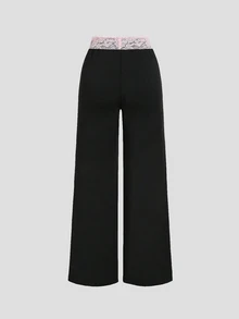 Sweetra Women's Elegant High-End Fashion Versatile Commute & Pink Lace Trim With Black Long Sleeve Pants Two Pieces Set - Black - View 6