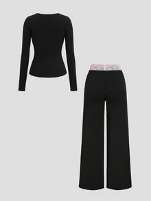 Sweetra Women's Elegant High-End Fashion Versatile Commute & Pink Lace Trim With Black Long Sleeve Pants Two Pieces Set - Black - View 2