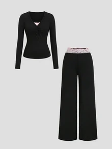 Sweetra Women's Elegant High-End Fashion Versatile Commute & Pink Lace Trim With Black Long Sleeve Pants Two Pieces Set - Black - View 1