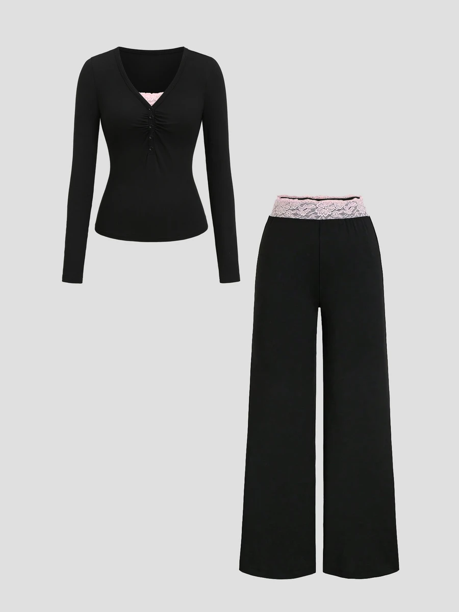Sweetra Women's Elegant High-End Fashion Versatile Commute & Pink Lace Trim With Black Long Sleeve Pants Two Pieces Set - Black - View 1