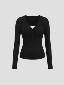 Sweetra Women's Elegant High-End Fashion Versatile Commute & Pink Lace Trim With Black Long Sleeve Pants Two Pieces Set - Black - View 4