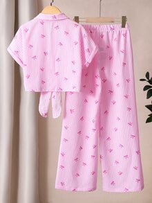 SHEIN Tween Girls Summer Pink Striped Bow Print Short Sleeve Button Up Tie Front Shirt And High Waist Wide Leg Pants 2 Piece Cute Casual Matching Clothing - Pink - View 2
