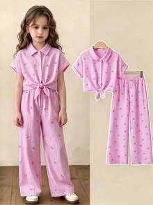 SHEIN Tween Girls Summer Pink Striped Bow Print Short Sleeve Button Up Tie Front Shirt And High Waist Wide Leg Pants 2 Piece Cute Casual Matching Clothing - Pink - View 1