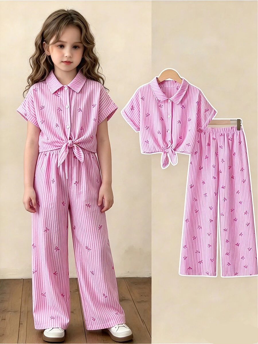SHEIN Tween Girls Summer Pink Striped Bow Print Short Sleeve Button Up Tie Front Shirt And High Waist Wide Leg Pants 2 Piece Cute Casual Matching Clothing - Pink - View 1