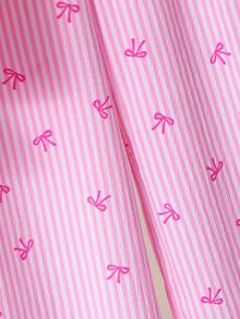 SHEIN Tween Girls Summer Pink Striped Bow Print Short Sleeve Button Up Tie Front Shirt And High Waist Wide Leg Pants 2 Piece Cute Casual Matching Clothing - Pink - View 6