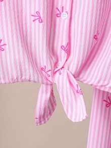 SHEIN Tween Girls Summer Pink Striped Bow Print Short Sleeve Button Up Tie Front Shirt And High Waist Wide Leg Pants 2 Piece Cute Casual Matching Clothing - Pink - View 5