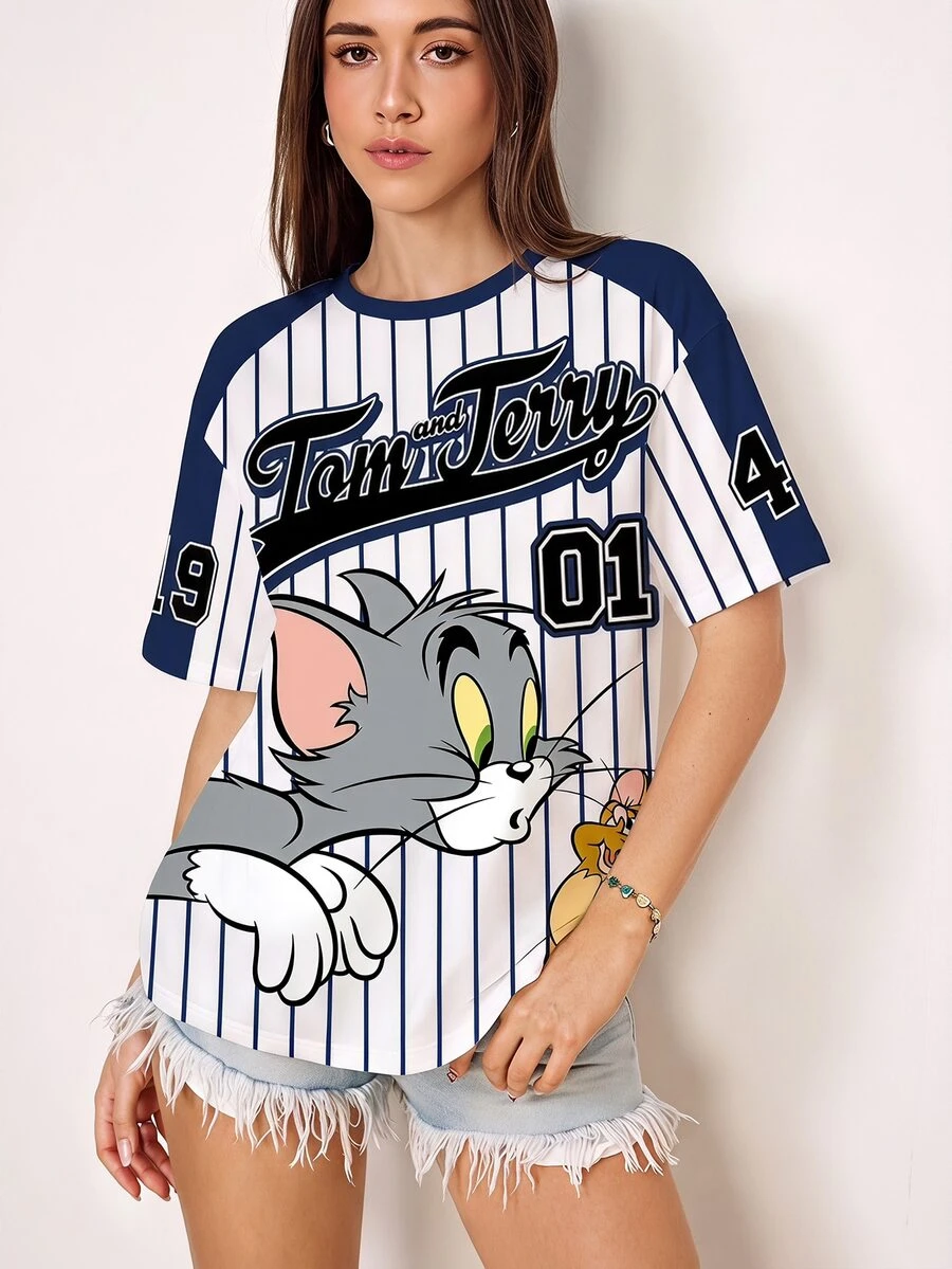 TOM & JERRY X SHEIN 女款夏季休閒條紋卡通印花T恤 - 白色 - 查看 1