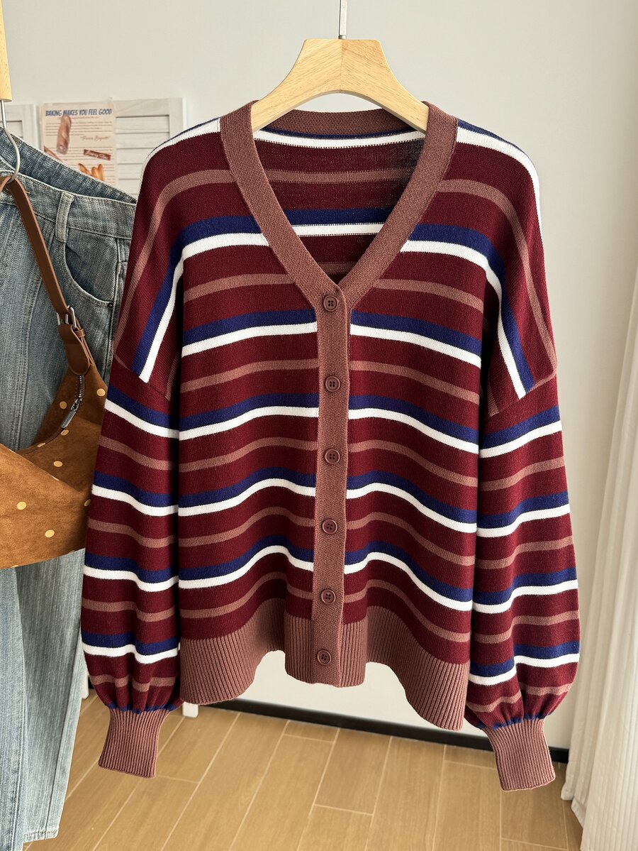 Comfortcana Plus Size Women's Casual Retro 80s Striped Tie-Front Loose Cardigan, Fall/ Vacation Formal Evening - Multicolor - View 1