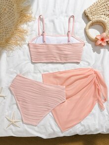 SHEIN 女童粉色贝壳海星无肩带分体泳衣网纱罩裙三件套夏季新款亲肤速干泳衣波浪纹理贝壳装饰高腰设计沙滩度假泳池时尚套装温柔甜美风格必备少女沙滩装泳衣三件套可爱泳衣夏季套装少女泳衣可爱泳衣少女夏季度假套装可爱夏季套装 - 粉色 - 查看 2