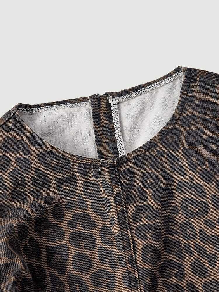 LUMIGAL Plus Size Women's Leopard Print Pocket Casual Daily Summer Denim Dress - Multicolor - View 7