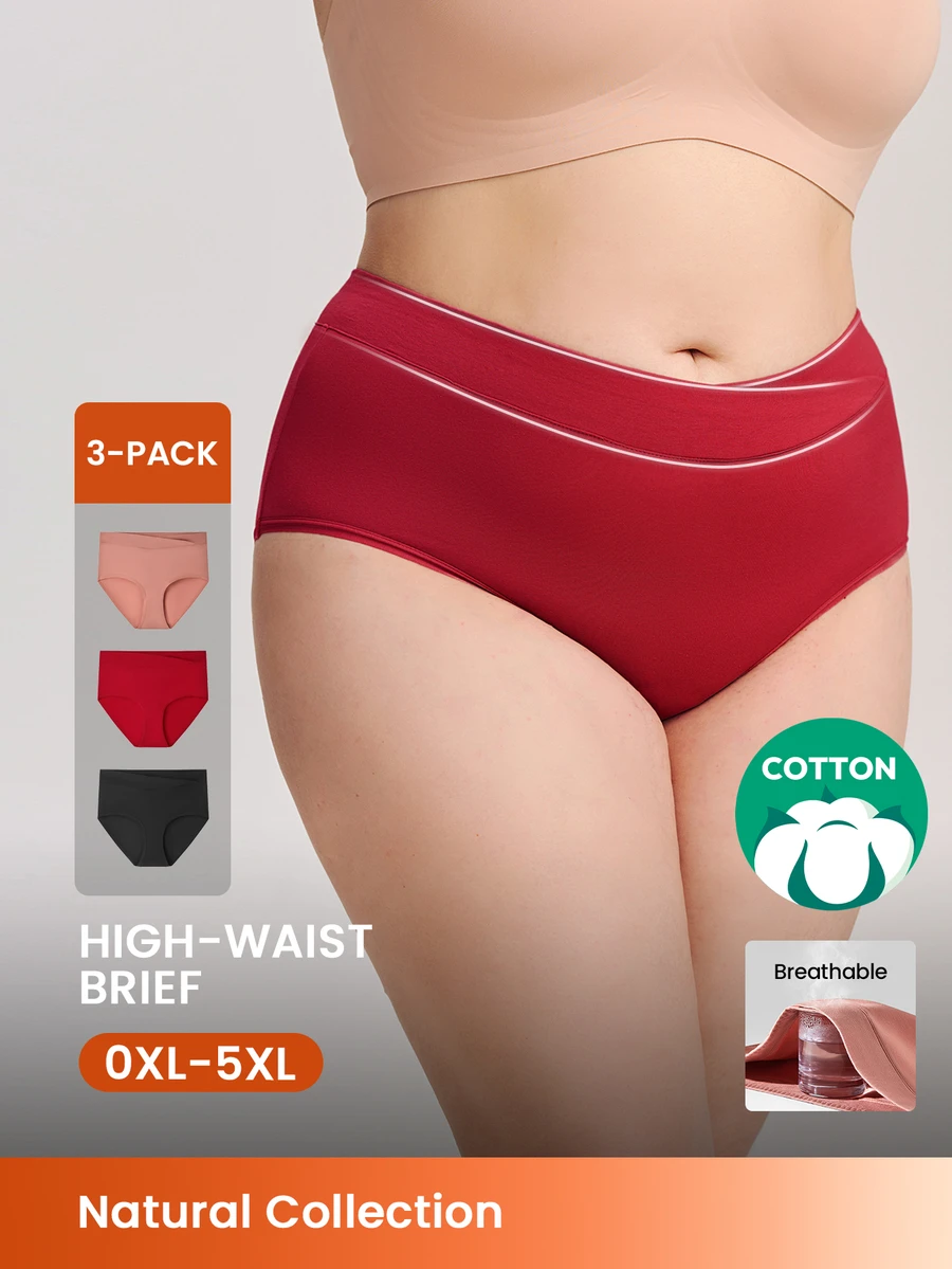 LUVLETTE Plus 3-Pack Cotton High Waist Briefs Women Underwear Panties Set-Red - Multicolor - View 1