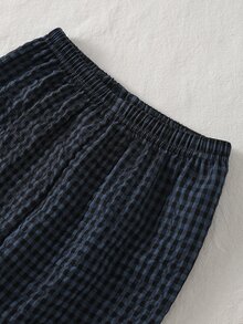 SHEIN Vintaside Kids Boys' 2pcs Ribbed Knit Henley Pajama Set, Long Sleeve Button Top & Plaid Elastic Waist Pants, Soft Comfortable Daily Loungewear - Navy Blue - View 5