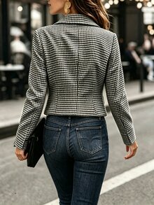 SHEIN 女款秋冬雙色格紋長袖前開短版雙排扣開襟外套 - 黑與白 - 查看 2