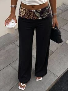 Aloruh 女款秋季新款黑色優雅性感休閒通勤約會外出晚宴極簡可愛時尚現代低腰豹紋長褲 - 黑色 - 查看 1
