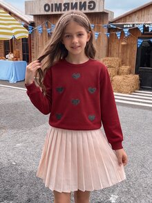 SHEIN 2件組 青少年女孩閃亮愛心貼布休閒衛衣搭配灰色百褶迷你裙，秋冬休閒套裝 - 彩色 - 查看 3