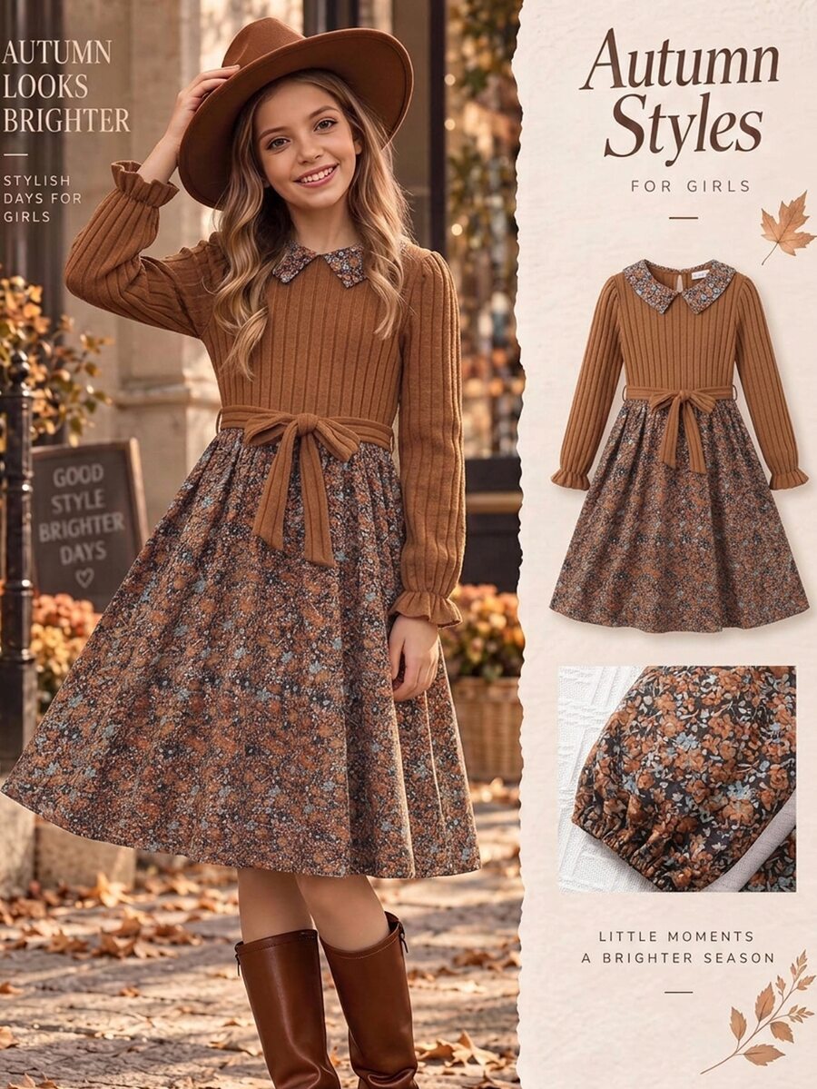 SHEIN Tween Girl's Fall Vintage Family Matching Cottage Floral Brushed Ribbed Dress, Puff Sleeve A-Line Belt, Thanksgiving Photoshoot Brown Floral Party - Brown - View 1