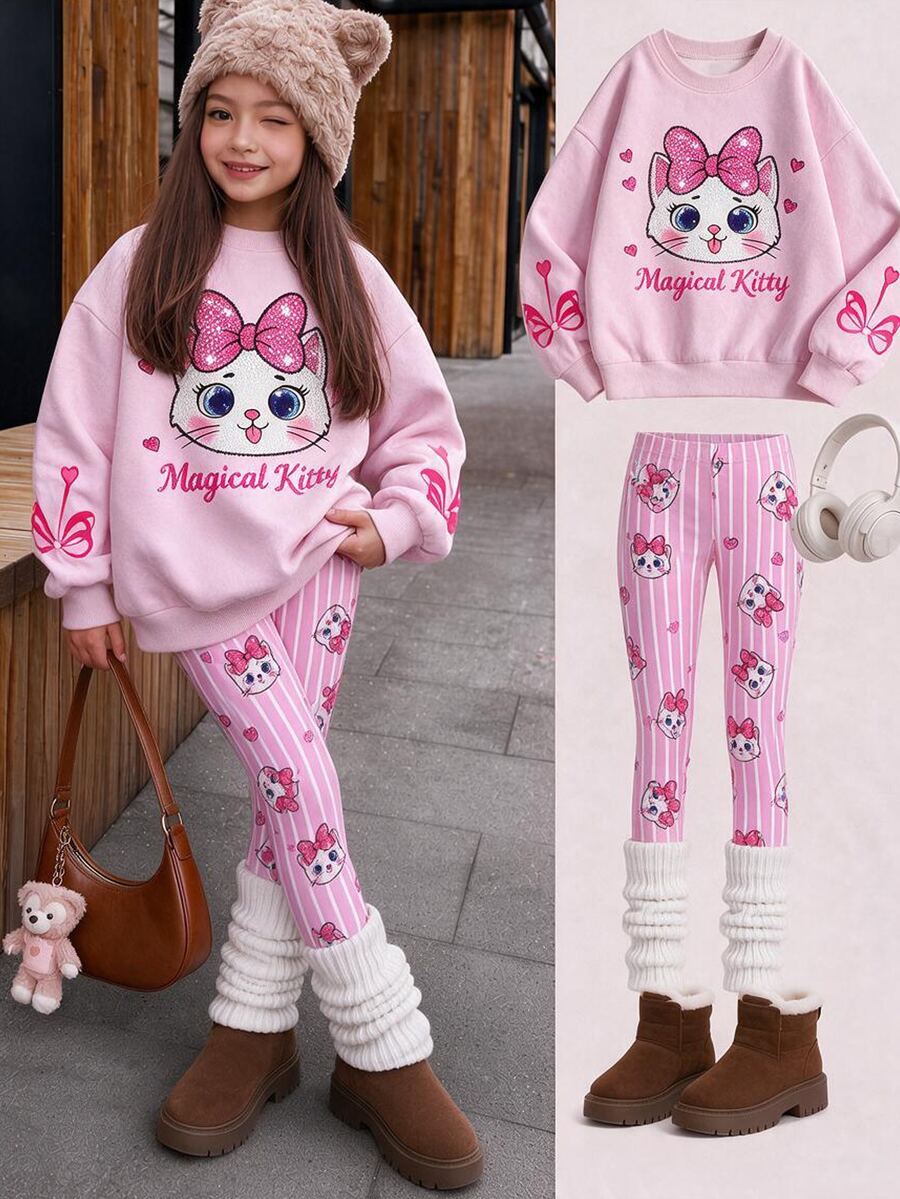 SHEIN Sparklyn Tween Girls Pink Magical Kitty Graphic Long Sleeve Sweatshirt & Striped Pants Set Fall Style - Pink - View 1