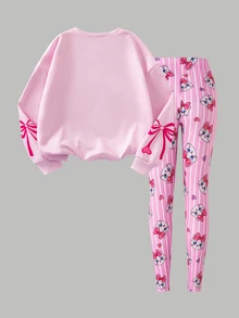 SHEIN Sparklyn Tween Girls Pink Magical Kitty Graphic Long Sleeve Sweatshirt & Striped Pants Set Fall Style - Pink - View 2